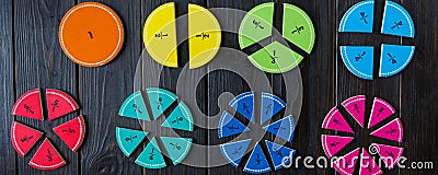 Colorful math fractions on the workbook. interesting math for kids. education, back to school Stock Photo