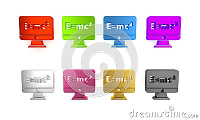 Colorful Math system of equation solution on computer monitor icon isolated on white background. E equals mc squared Cartoon Illustration