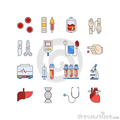 Colorful medical icon set made in line style. Vector blood and heart tests pictorgam. Vector Illustration