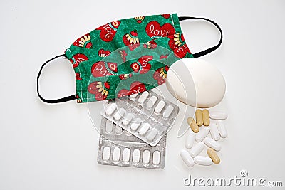 Colorful Medical Mask, Antibacterial Soap and Medicaments Stock Photo