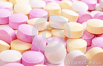Colorful medicine pills and drugs in close up. Different kinds of multicolored pills. Assorted pills in medicine. Pharmaceutical m Stock Photo