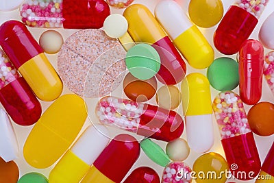 Colorful medicine pills and tablets background Stock Photo