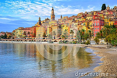 Colorful medieval town Menton on Riviera, Mediterranean sea, France Stock Photo