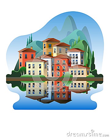 Colorful Mediterranean-style houses against the backdrop of mountains on the waterfront. Vector Illustration