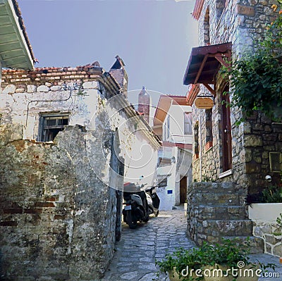 Colorful Mediterrannean street in Marmaris Town, white houses of Marmaris, old mediterranean houses Stock Photo