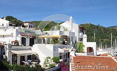 Colorful Mediterrannean street in Marmaris Town, white houses of Marmaris Stock Photo