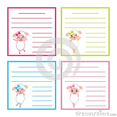 Colorful memo paper with cute sheep girls on colorful frame vector cartoon illustration for kid memo paper set Vector Illustration