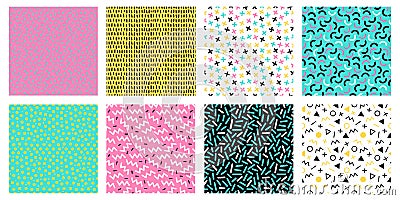 Colorful memphis seamless patterns. Fashion 80s mosaic texture, color retro textures and geometric lines and dots Vector Illustration