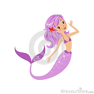 Colorful mermaid character with purple hair and long fish tail. Happy mythical girl swimming underwater. Sea and ocean Vector Illustration