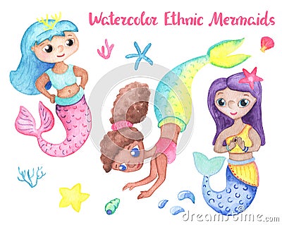 Colorful mermaid girls with corals and shells. Diverse nation mermaids. Underwater princess set for girl birthday Cartoon Illustration