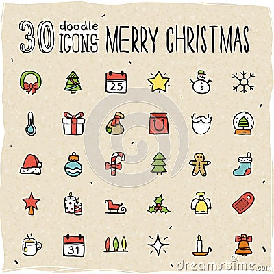 30 Colorful Merry Christmas Icons Vector Illustration