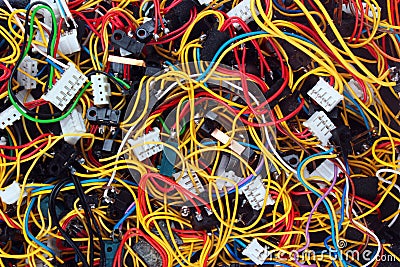 Colorful mess of cables wires and connectors Stock Photo