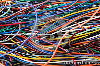 Colorful mess of cables wires and connectors Stock Photo