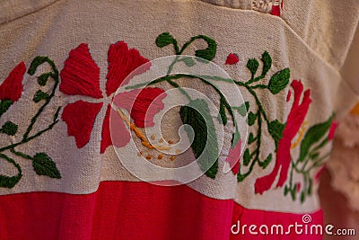 Colorful Mexican embroidery hanging in Cancun Local Fair Stock Photo