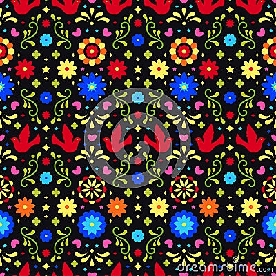 Colorful mexican flowers, leaves and birds on dark background. Traditional seamless pattern for fiesta party. Floral Vector Illustration