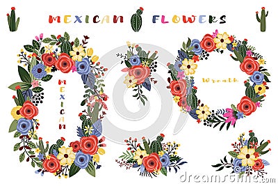 Colorful Mexican Wild Flower Wreath Vector Illustration