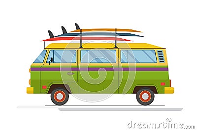 Colorful minibus with surfing boats on the roof Vector Illustration