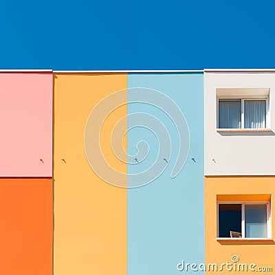 Colorful minimal building with blue sky, clear sky, nature light, Minimal building background. Stock Photo