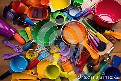 colorful mix of cooking utensils, including pots and pans, bowls, spoons, and knives Stock Photo