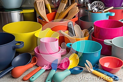 colorful mix of cooking utensils, including pots and pans, bowls, spoons, and knives Stock Photo