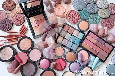 colorful mix of eye shadows, blushes, and lipsticks Stock Photo