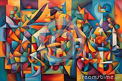 colorful cubist style abstract painting with complex geometric shapes Stock Photo