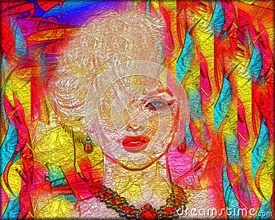 Colorful modern digital art, pop or punk art style blonde bombshell. Stock Photo