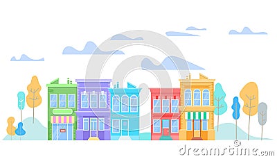 Colorful Modern Friendly Buildings Stand in Raw. Vector Illustration