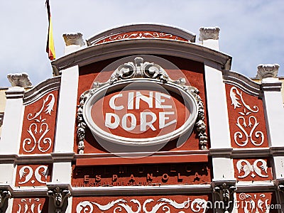 Colorful modernist style facade of Cine Dore, home of the national film library. Madrid Editorial Stock Photo
