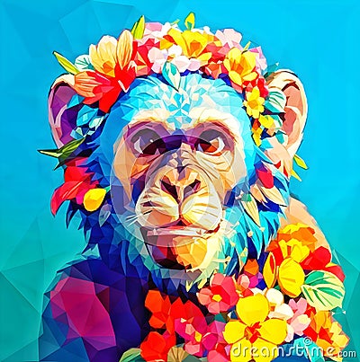 A colorful monkey with flowers on its back is shown. Stock Photo