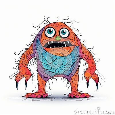 Colorful Monster With Big Eyes On White Background: Expressive Linework Art Cartoon Illustration