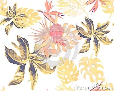 Colorful Monstera Jungle. Yellow Watercolor Design. Coral Banana Leaf Illustration. Pink Seamless Plant. Orange Pattern Palm. Trop Stock Photo