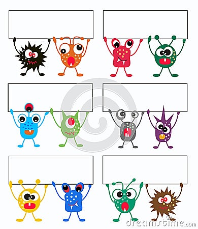 colorful monsters with placards Vector Illustration