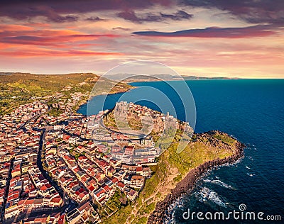 Colorful morning view from flying drone of Castelsardo port. Editorial Stock Photo