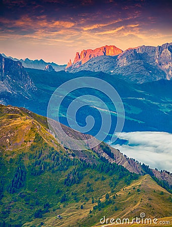 Colorful morning view of Sciliar (Schlern) mountain masive Stock Photo