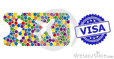 Scratched Visa Stamp Seal and Multicolored Mosaic Air Ticket Vector Illustration