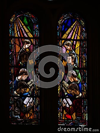 Colorful mosaic window art decoration interior inside of catholic christian New Cathedral of Cuenca Azuay Ecuador Editorial Stock Photo