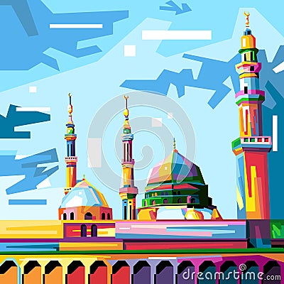 Colorful mosque illustration designs on pop art wpap design Cartoon Illustration