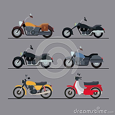 Colorful motorcycles set with several models in gray background Vector Illustration