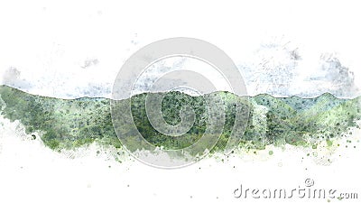 Colorful mountain hill and tree landscape on watercolor painting background. Stock Photo