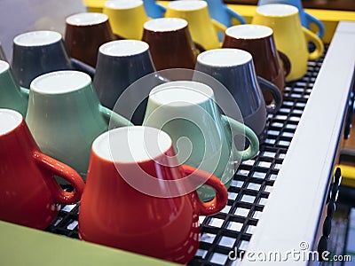 Colorful mugs on Coffee Machine Cafe Restaurant Stock Photo