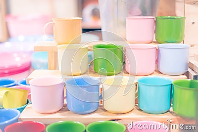 Colorful mugs stainless steel Stock Photo