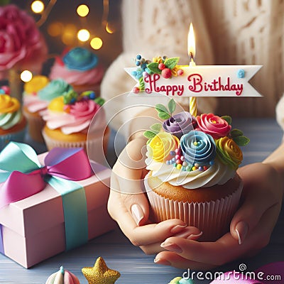 Colorful multicolored cupcake with candle in female hands. Festive birthday greetings. ai generative Stock Photo