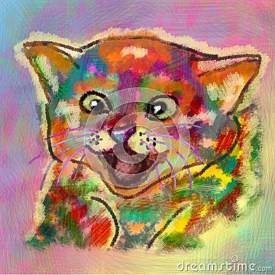 Colorful multicolored face of crazy cat on bright background. Art stylized as a watercolor drawing. Creative portrait of a Stock Photo