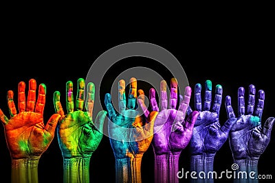 Colorful multicolored human hands on a black background with copy space. generative ai Stock Photo