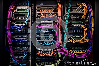 Colorful multiple twisted-pair cables plugged into network switches. Generative AI Stock Photo
