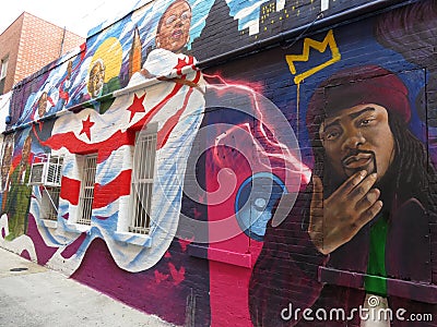 Colorful Mural at Ben`s Chili Bowl Restaurant in Washington DC Editorial Stock Photo