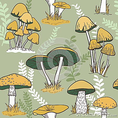 Colorful mushrooms seamless pattern Vector Illustration