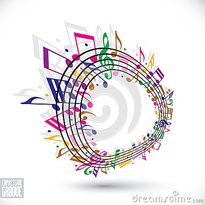 Colorful music background with clef and notes. Vector Illustration