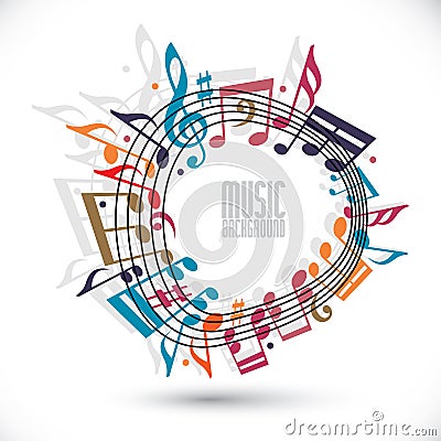 Colorful music background with clef and notes, music sheet in rounded frame. Vector Illustration